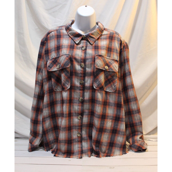 Democracy Women's L Red Blue Plaid Button-up Flannel Raw Hem Pockets LS Cowgirl - Picture 1 of 15